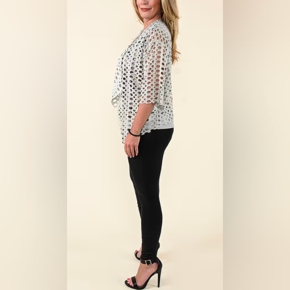 Tamsy White Lace Cardigan Gray Tank Top with Gold Sequins and Cut Out Jacket - Picture 3 of 6